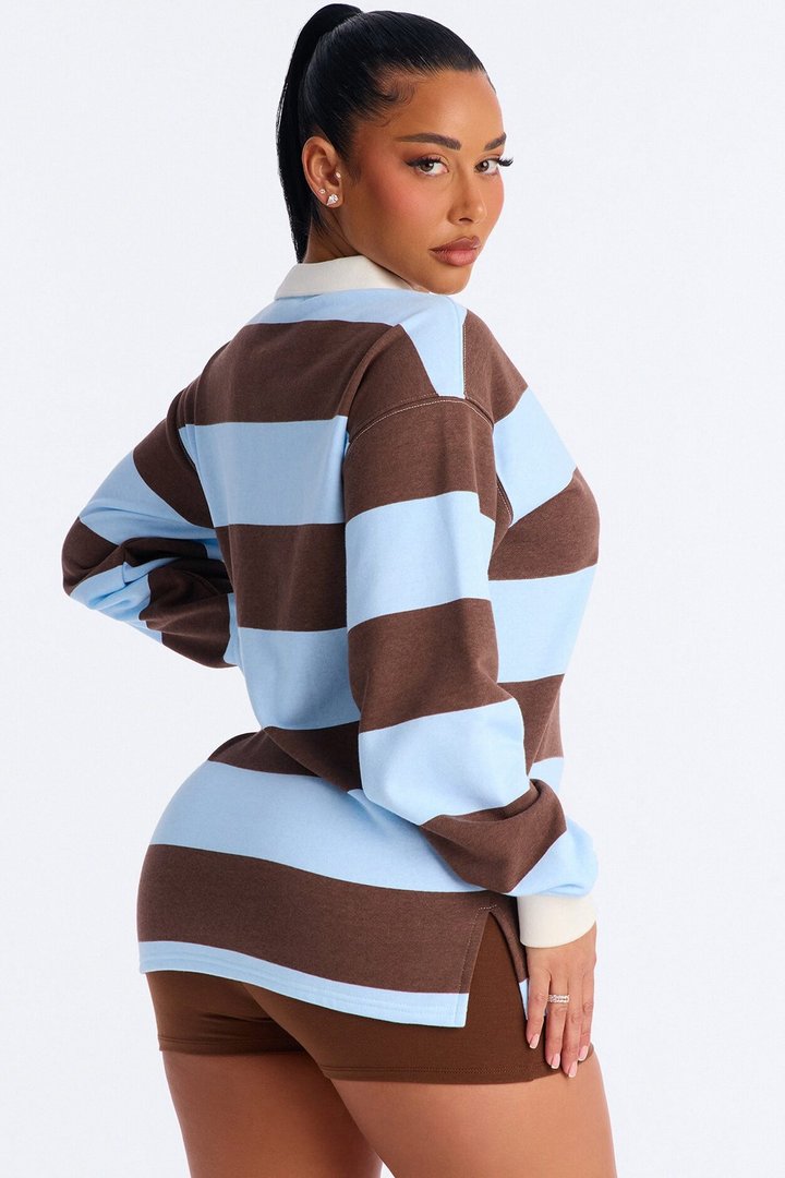 Soho Stripe Polo Fold Over Waistband Short Set - Brown Combo