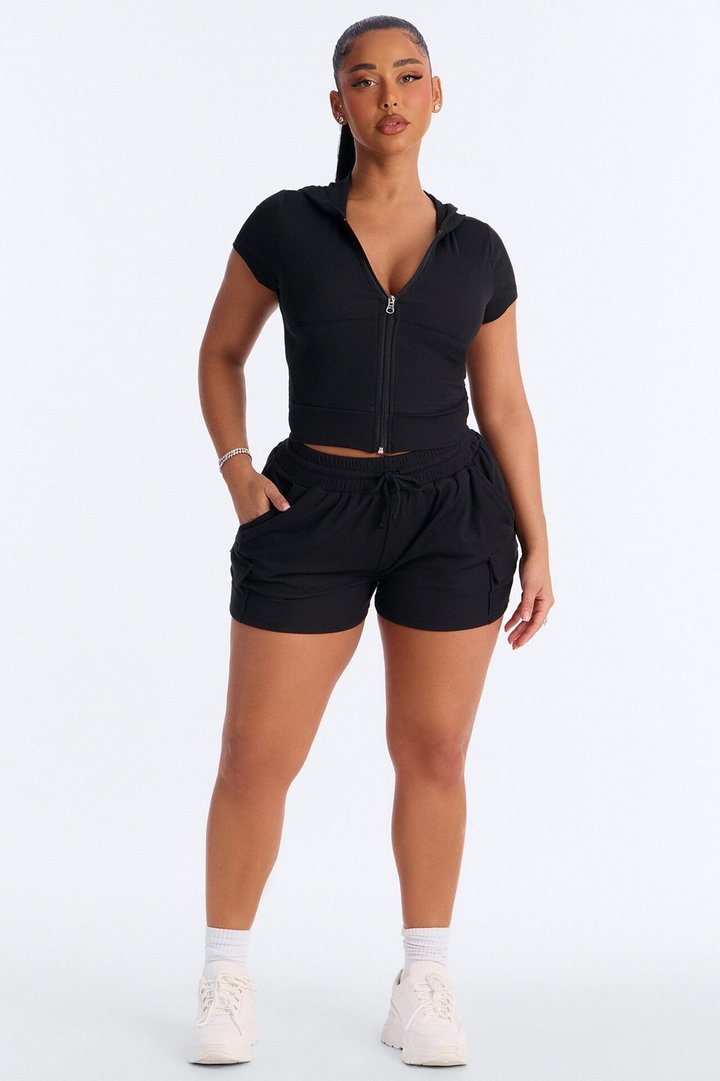 Rayna Ribbed Hoodie Short Set - Black