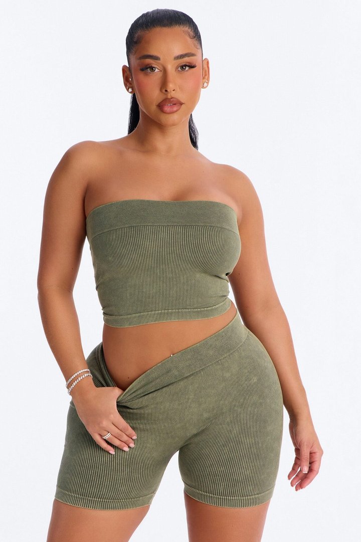 Off Duty Mineral Washed Strapless Short Set - Olive