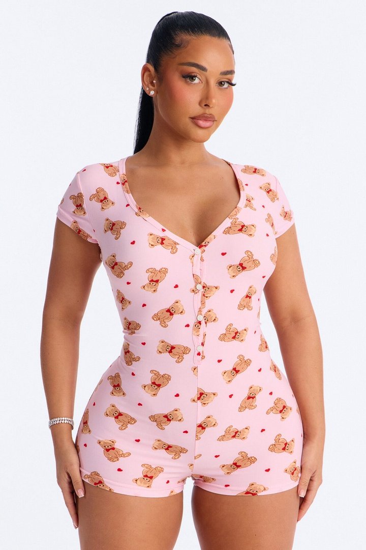 Cutie Bear PJ Romper Onesie - Pink