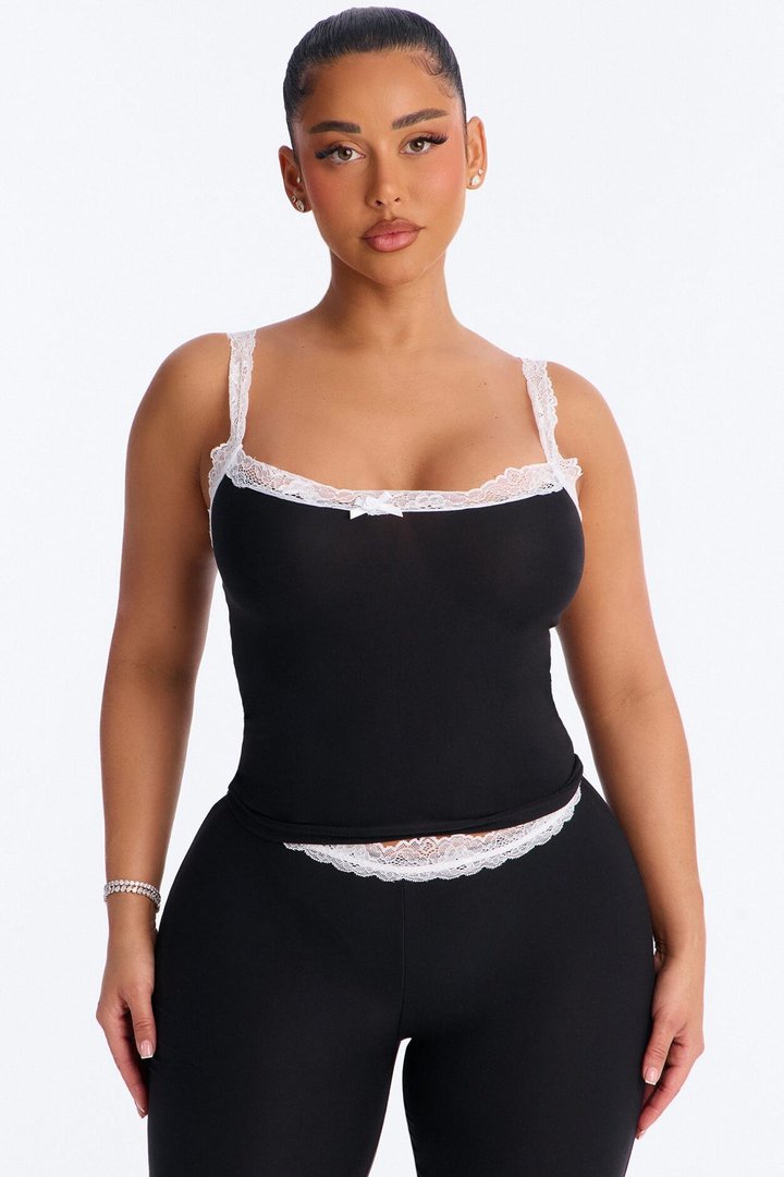 Romantic Dreams Lace Trim Cami PJ Pant Set - Black/White