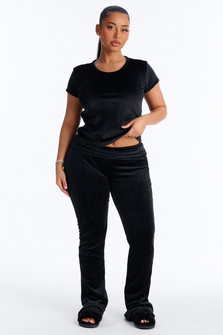 Cozy Moments Short Sleeve Velour PJ Pant Set - Black