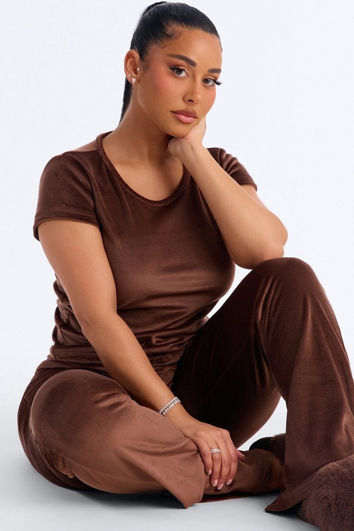 Cozy Moments Short Sleeve Velour PJ Pant Set - Chocolate