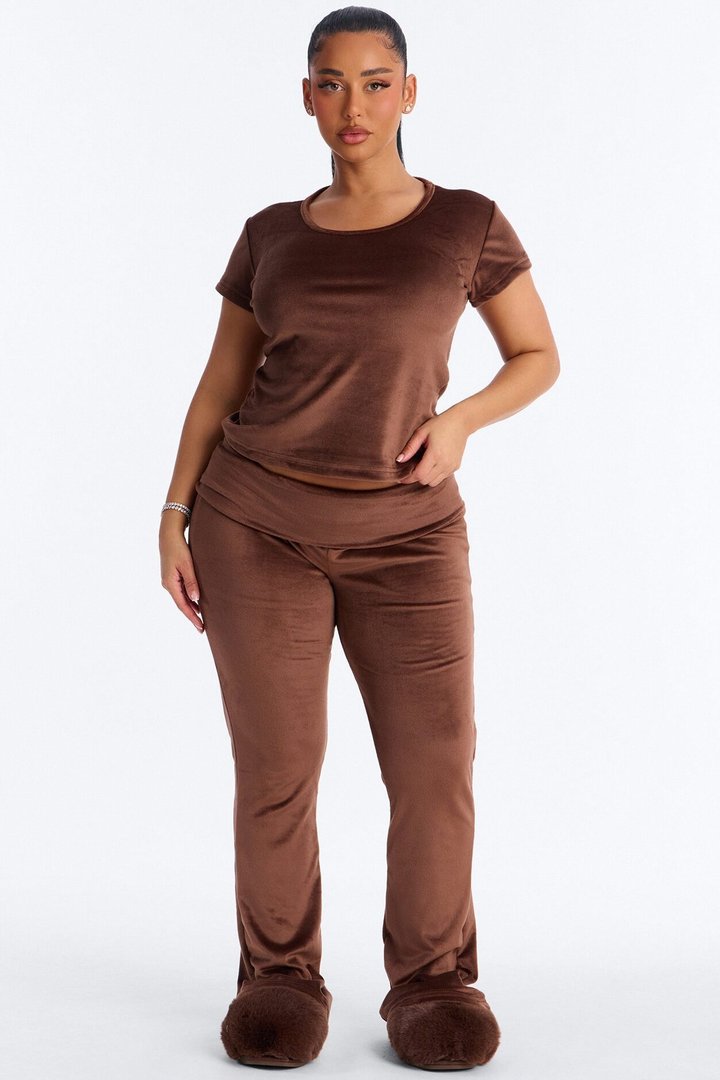 Cozy Moments Short Sleeve Velour PJ Pant Set - Chocolate