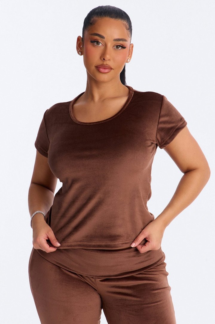 Cozy Moments Short Sleeve Velour PJ Pant Set - Chocolate