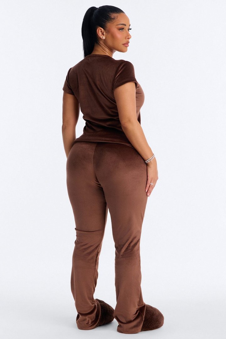 Cozy Moments Short Sleeve Velour PJ Pant Set - Chocolate