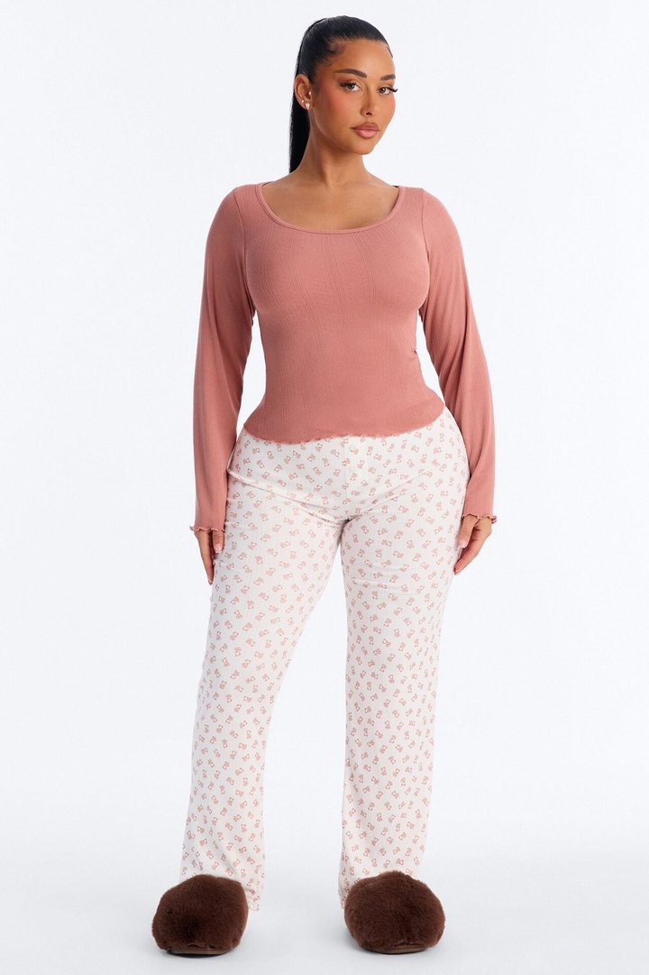 Dreamy Bear Pointelle Long Sleeve PJ Boxer Pant Set - Mocha