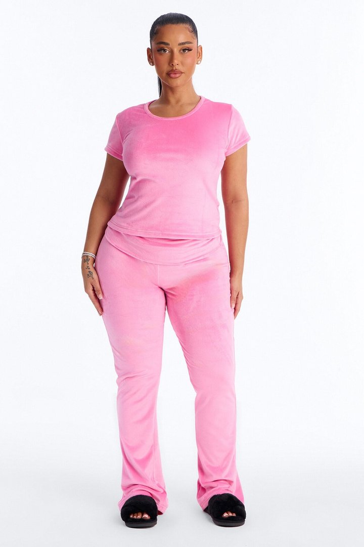 Cozy Moments Short Sleeve Velour PJ Pant Set - Hot Pink