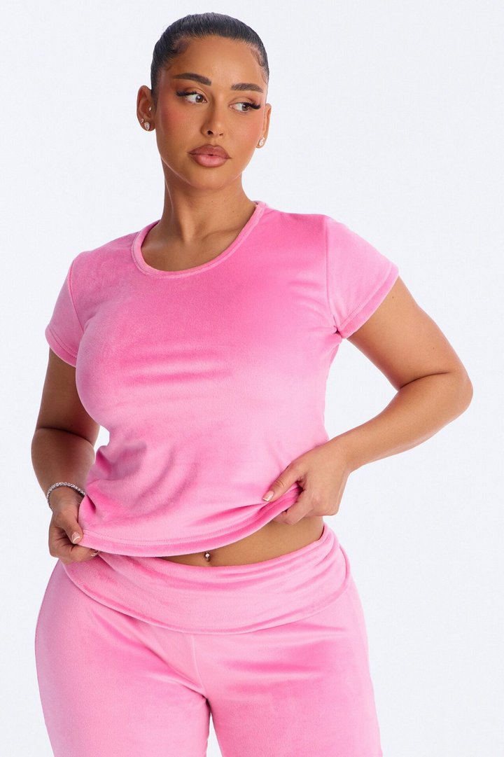 Cozy Moments Short Sleeve Velour PJ Pant Set - Hot Pink