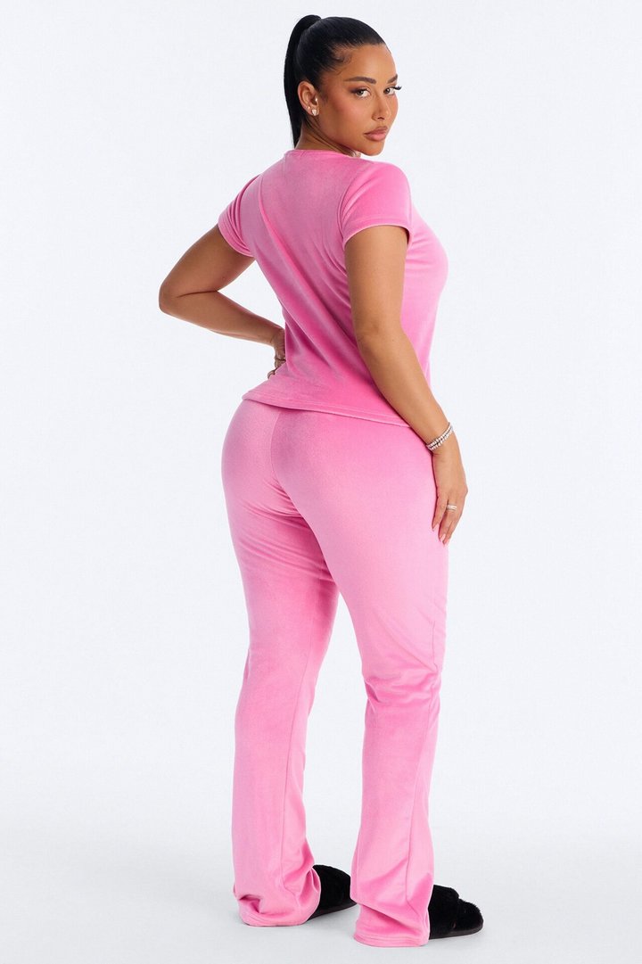 Cozy Moments Short Sleeve Velour PJ Pant Set - Hot Pink