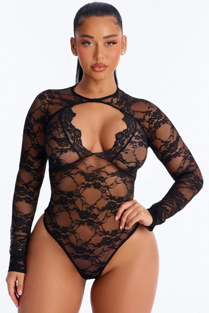 Ivonny Sheer Lace Cut Out Long Sleeve Bodysuit - Black