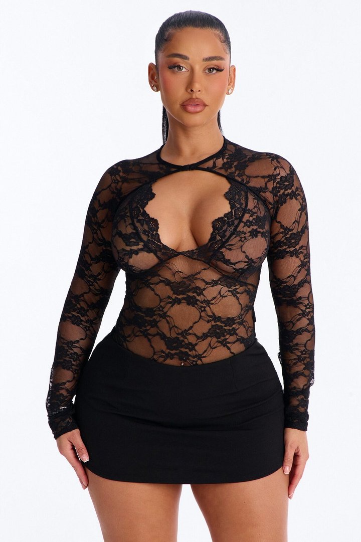 Ivonny Sheer Lace Cut Out Long Sleeve Bodysuit - Black