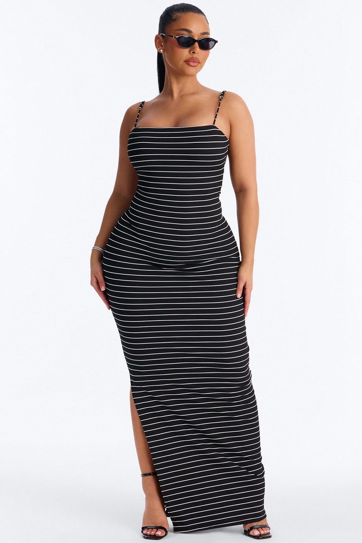 Thea Striped Twist Back Ribbed Maxi Dress - Black/White