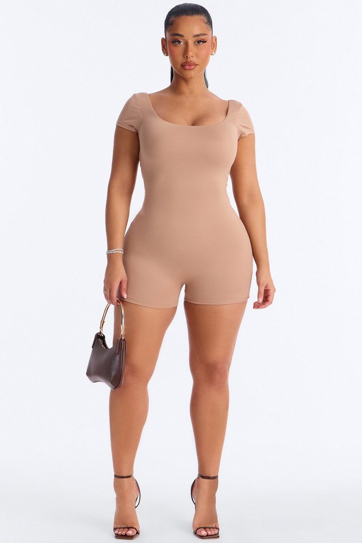 Mindy Double layer Square Neck Romper - Tan