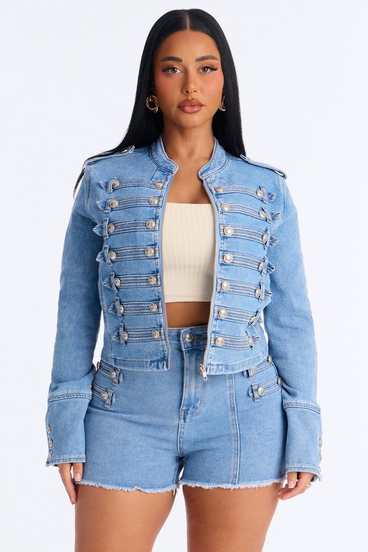 Defended You Decorated Stretch Denim Jacket - Light Wash