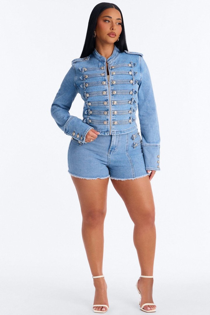 Defended You Decorated Stretch Denim Jacket - Light Wash