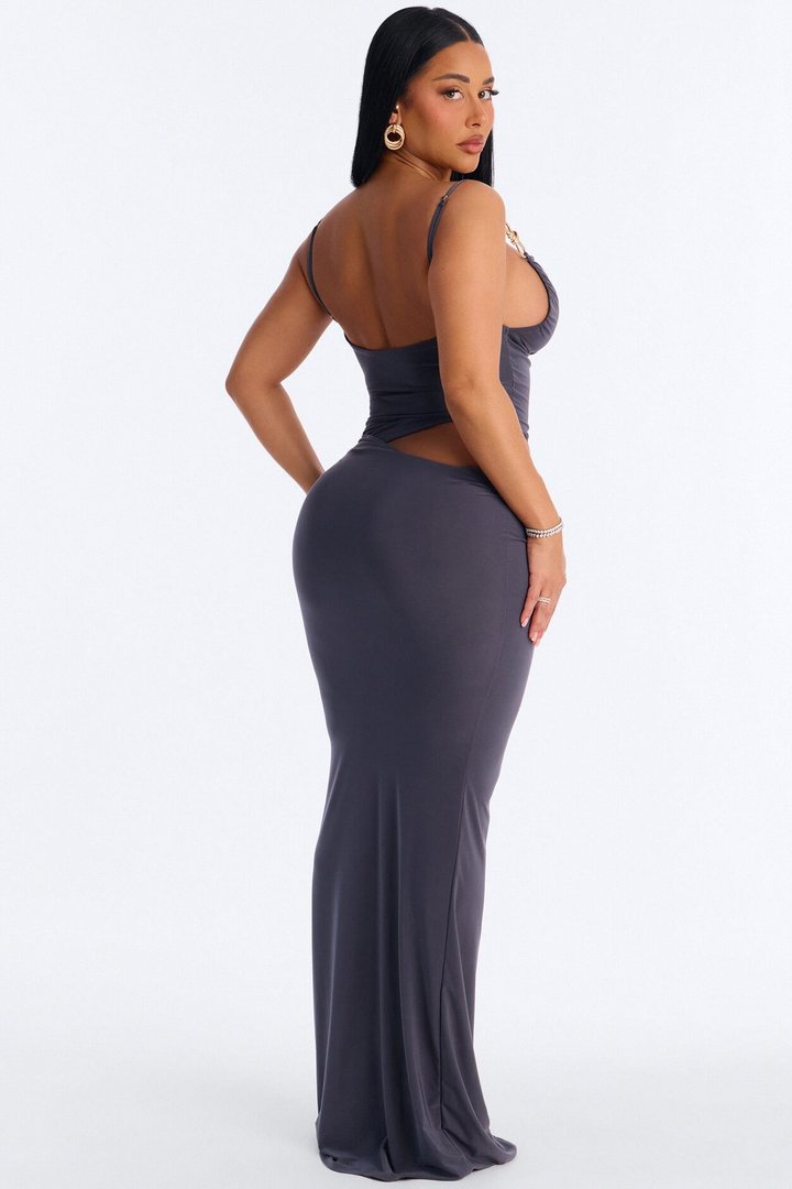 Island Time Cut Out Draped Maxi Dress - Charcoal