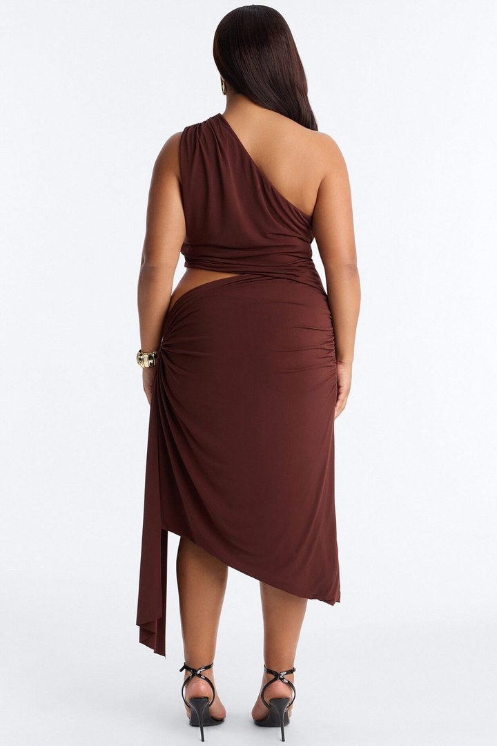 City Pulse One Shoulder Midi Dress - Chocolate