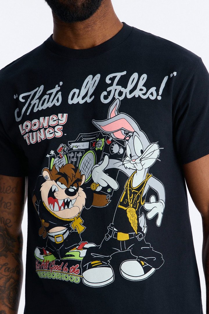 Looney Tunes Thats All Folks Rhinestone Short Sleeve Tee - Black