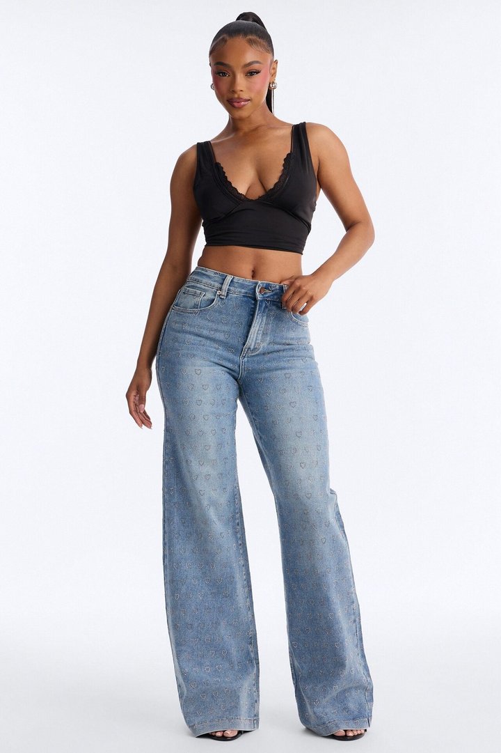 Pulling Heartstrings Stretch Wide Leg Jeans - Light Wash