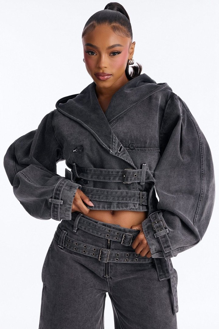 Loving London Hooded Denim Crop Trench - Grey