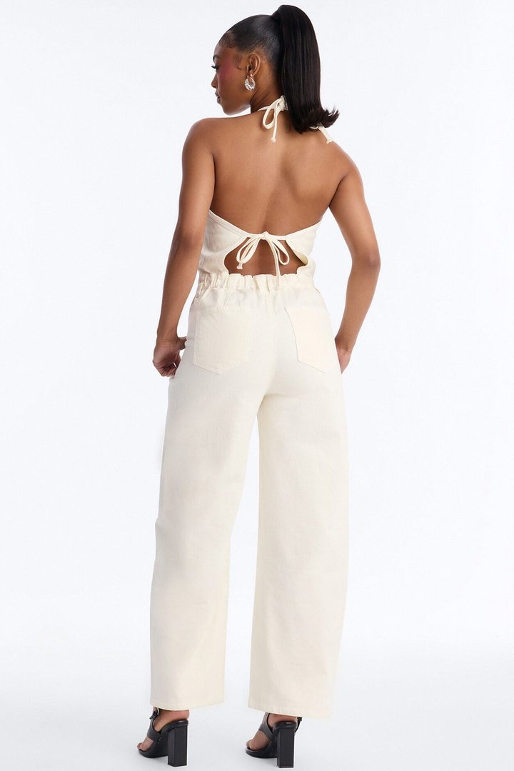 Tiana Backless Denim Barrel Leg Jumpsuit - Off White