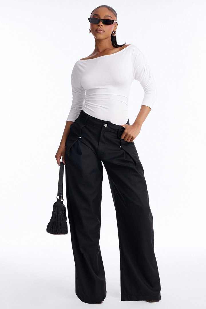 Lola Boat Neck Ruched Sleeve Bodysuit - White
