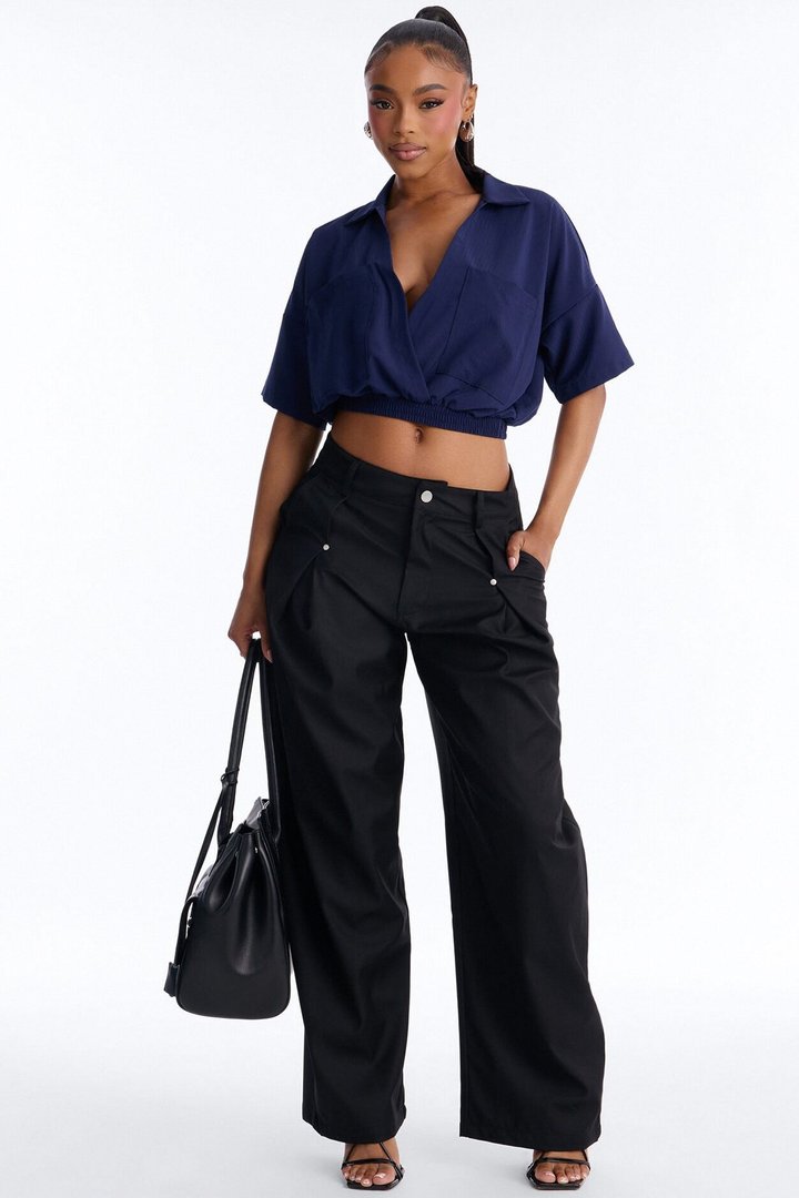 Taylor Crossover Short Sleeve Collared Blouse - Navy