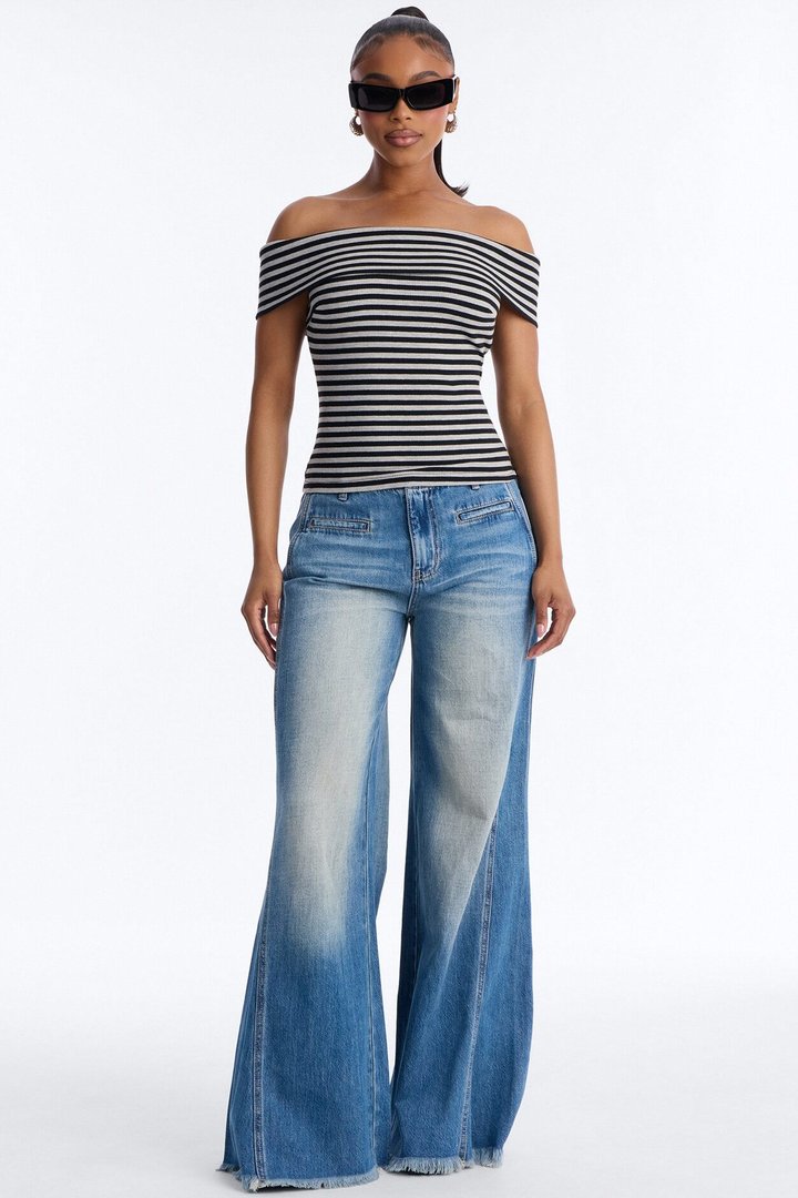 Nicole Striped Off Shoulder Short Sleeve Top - Black/combo
