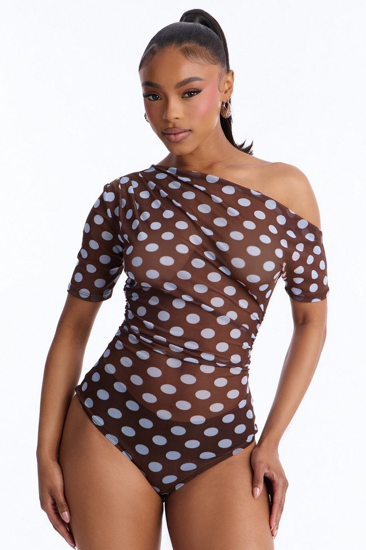 Lina Polka Dot Mesh Off Shoulder Short Sleeve Bodysuit - Brown/combo