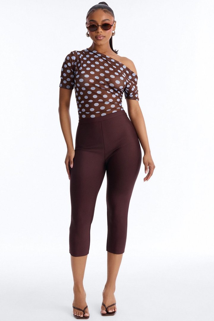 Lina Polka Dot Mesh Off Shoulder Short Sleeve Bodysuit - Brown/combo