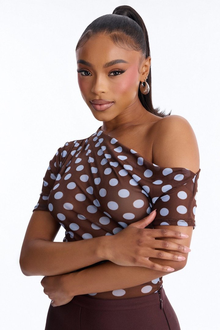Lina Polka Dot Mesh Off Shoulder Short Sleeve Bodysuit - Brown/combo