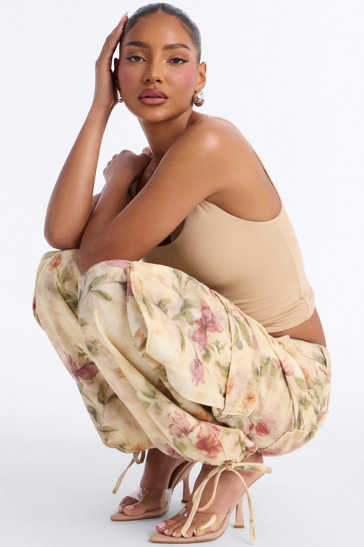 Lasting Impression Floral Print Cargo Jeans - Khaki/combo