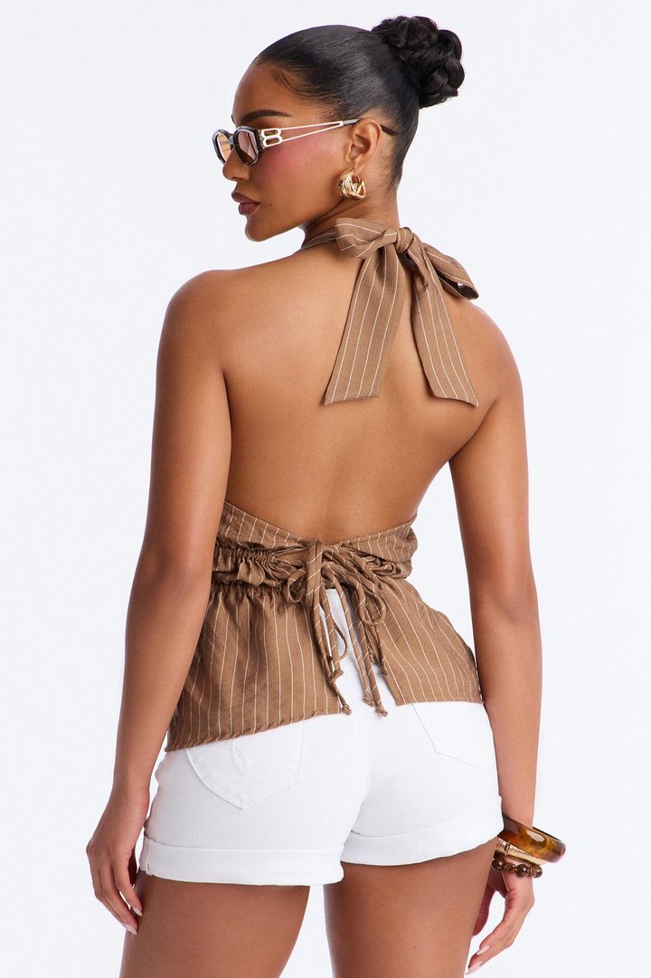 Soft Haze Linen Pinstripe Halter Top - Taupe/combo
