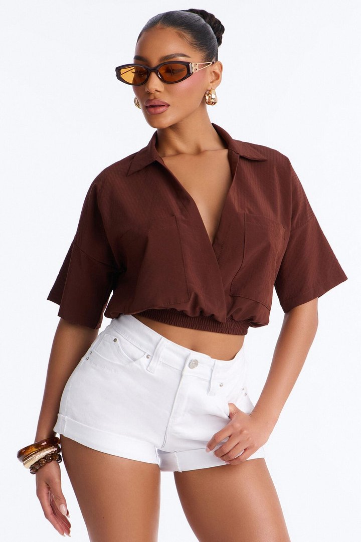 Taylor Crossover Short Sleeve Collared Blouse - Brown