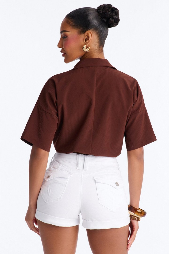 Taylor Crossover Short Sleeve Collared Blouse - Brown