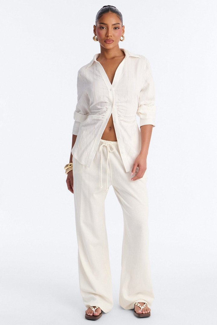 Spring Walks Ruched Linen Shirt - White