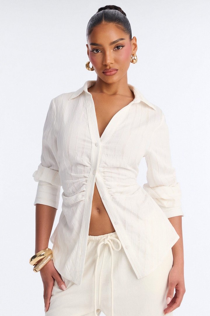 Spring Walks Ruched Linen Shirt - White