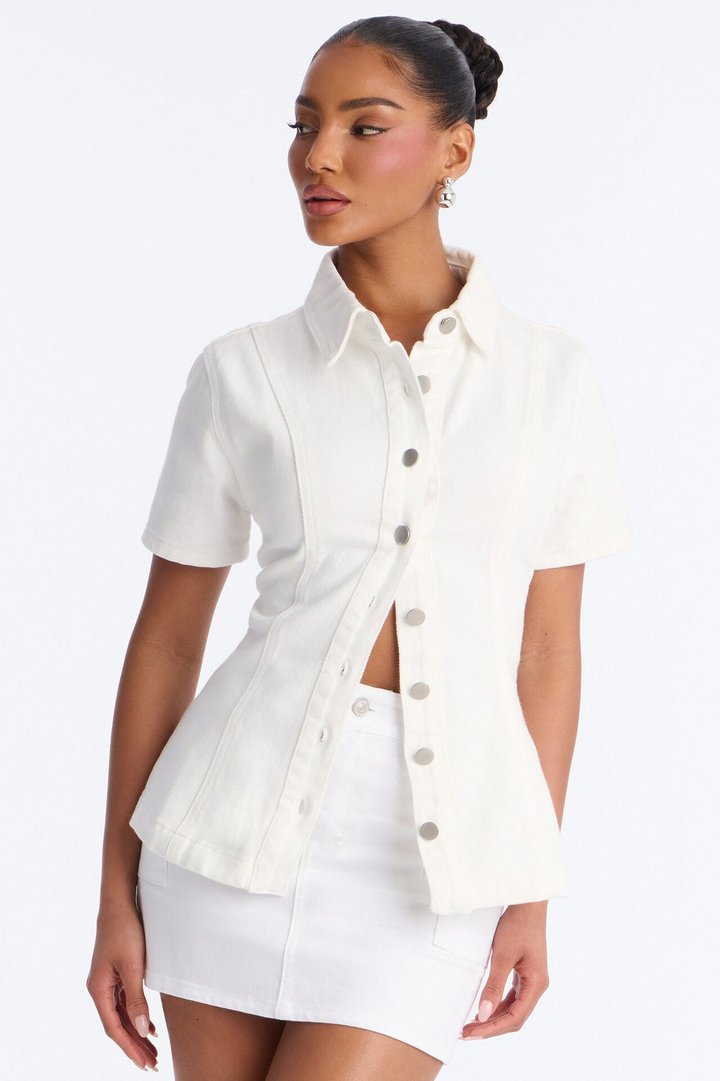 Nina Cinched Waist Denim Shirt - White