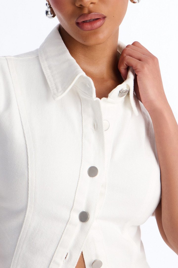 Nina Cinched Waist Denim Shirt - White