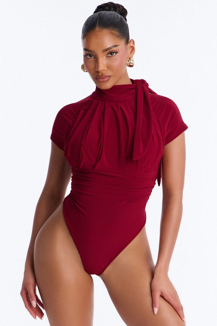 City Dreams Tie Neck Bodysuit - Red