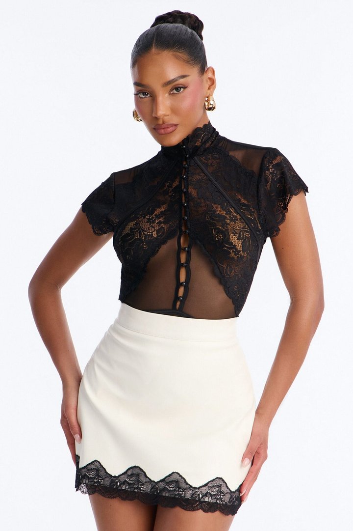 Mirabel Lace Button Up Mock Neck Short Sleeve Bodysuit - Black