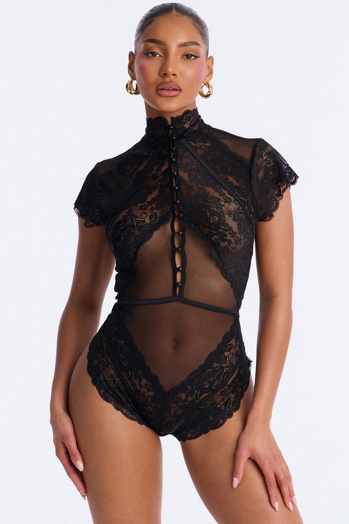 Mirabel Lace Button Up Mock Neck Short Sleeve Bodysuit - Black