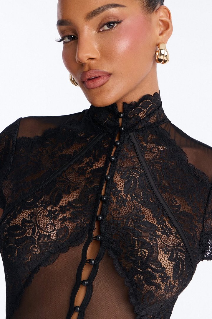 Mirabel Lace Button Up Mock Neck Short Sleeve Bodysuit - Black