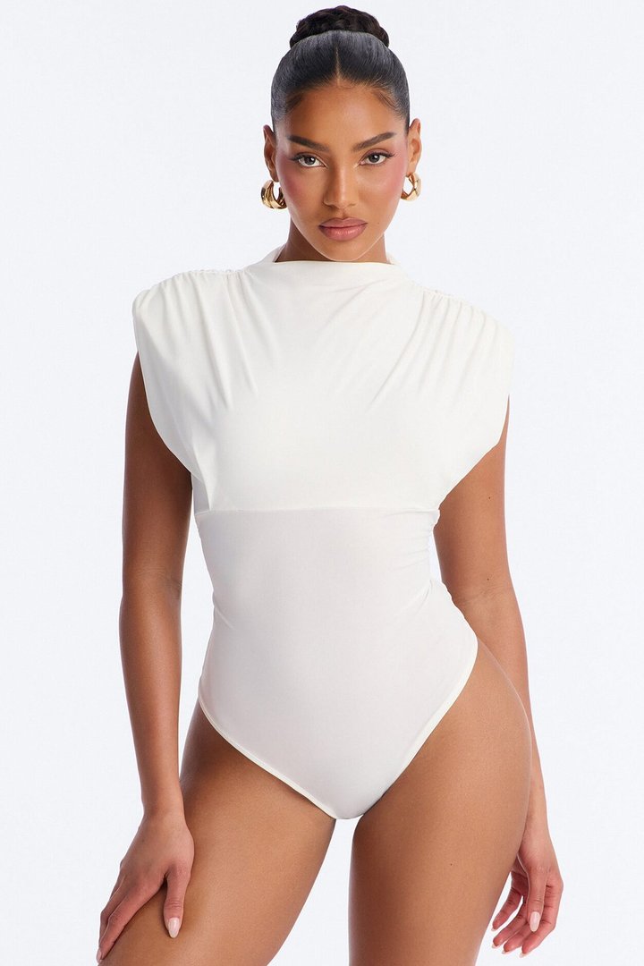 Get Serious Ruched Shoulder Pad Bodysuit - White