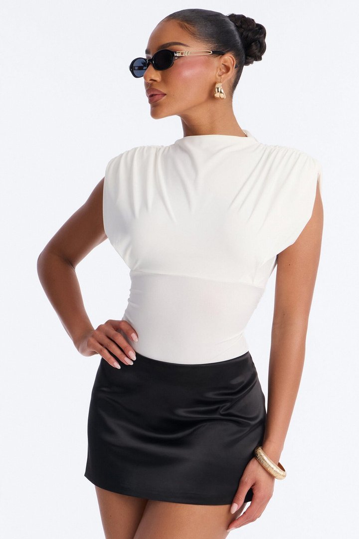 Get Serious Ruched Shoulder Pad Bodysuit - White