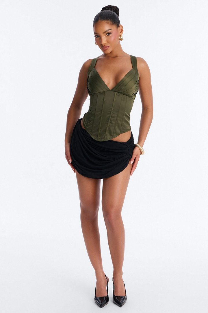 Envy Me Lace Up Satin Corset - Olive