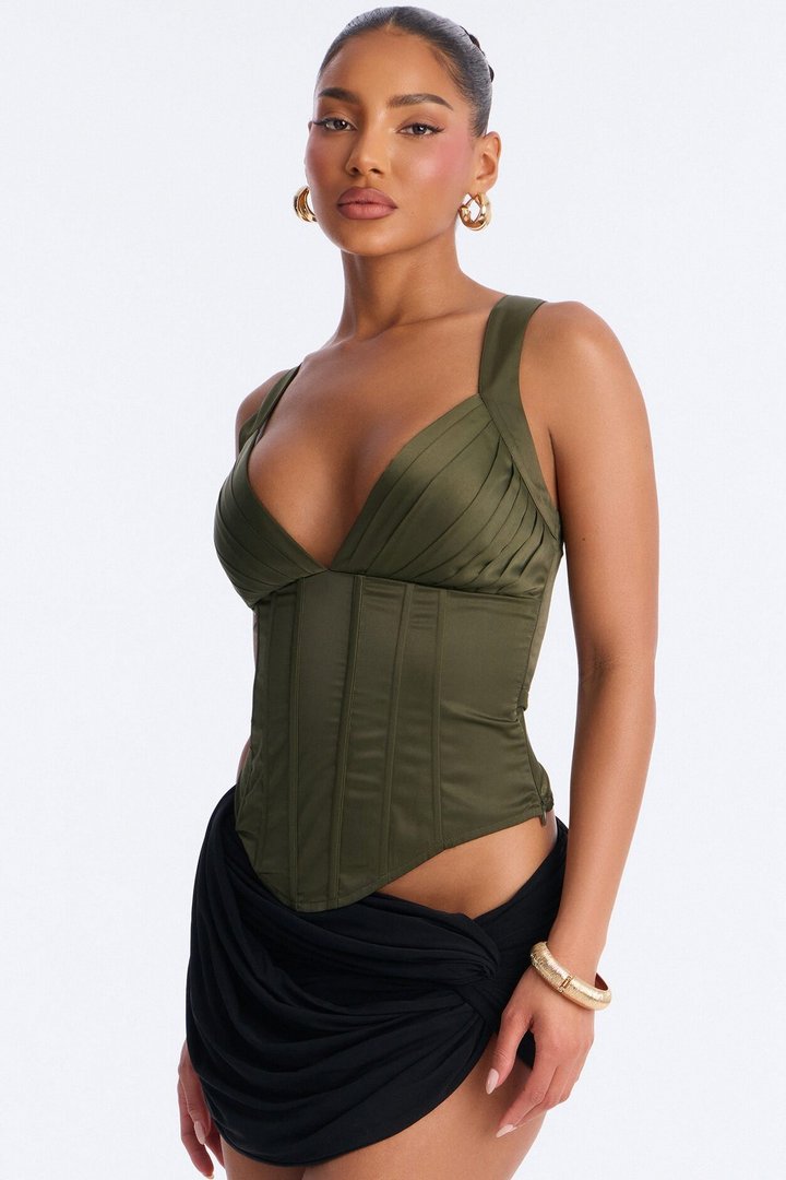 Envy Me Lace Up Satin Corset - Olive
