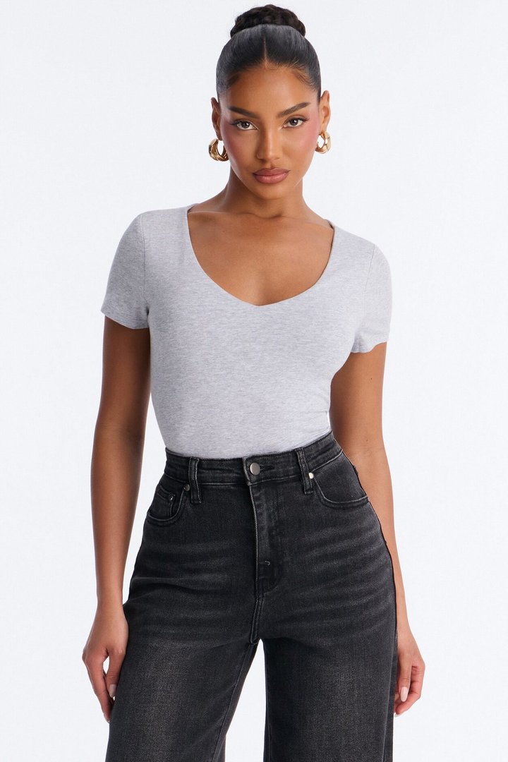 Marion Double Lined V Neck Bodysuit - Heather Grey