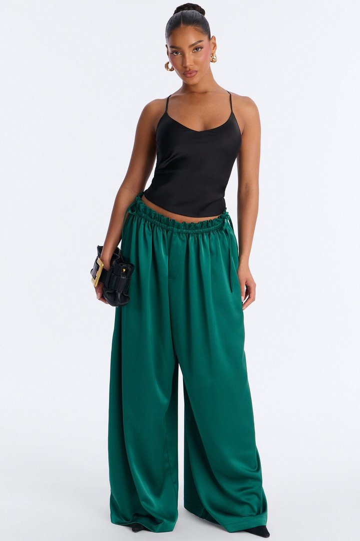 Desiree Wide Leg Satin Pants - Emerald